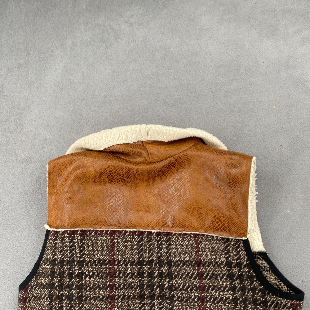 Kate Collection Womens Plaid Faux Shearling Trim Snakeskin Yoke Vest Brown L - Picture 5 of 6